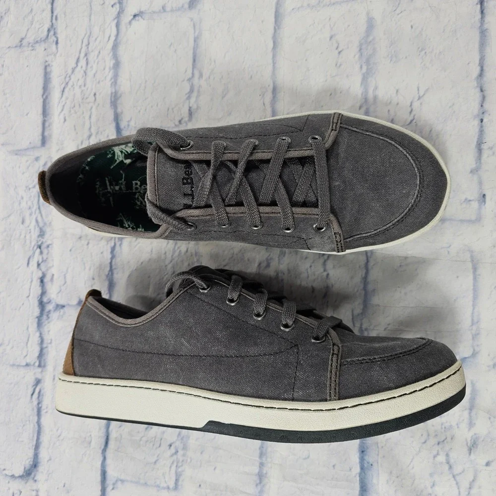 LL Bean Campside Canvas Sneakers Mens 10 Grey Low Top Leather Trim Walking Shoes